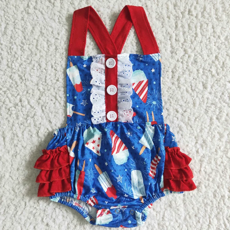 SR0015 4th Of July Red Blue Ice Cream Girls Sleeveless Romper Youthful Men's Pop