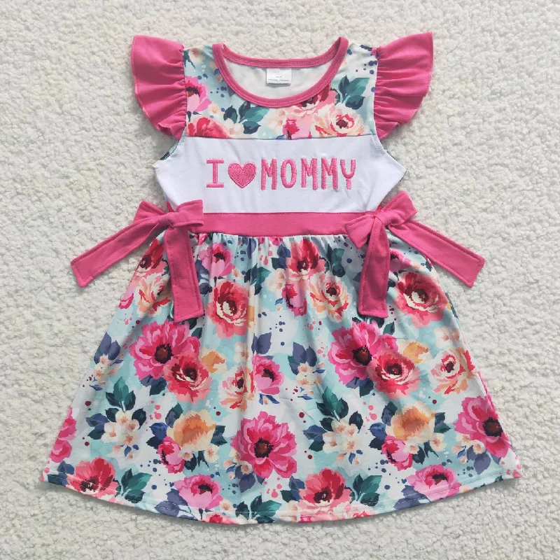 GSD0263 Pink Floral I Love Mommy Embroidery Girls Short Sleeve Dresses Casual Men's Short