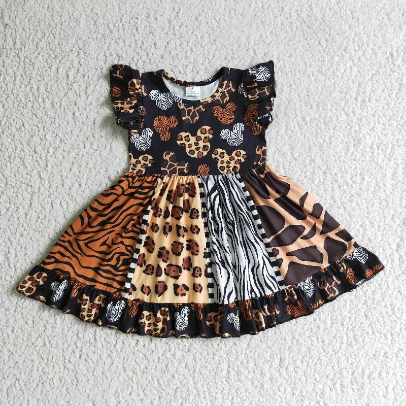 D8-30 Leopard M Cartoon Patchwork Girls Flutter Sleeve Dresses Bold Men's Animal