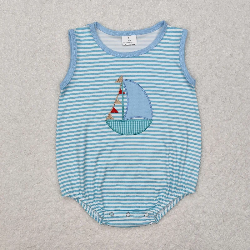 SR2276 Embroidered sailboat Blue Striped Sleeveless Romper baby girls or boys boutique nightwear outfit RTS 202501 Classic Men's Pin