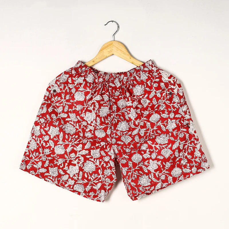 Red - Sanganeri Block Printed Cotton Unisex Boxer/Shorts Cozy Men's Winter