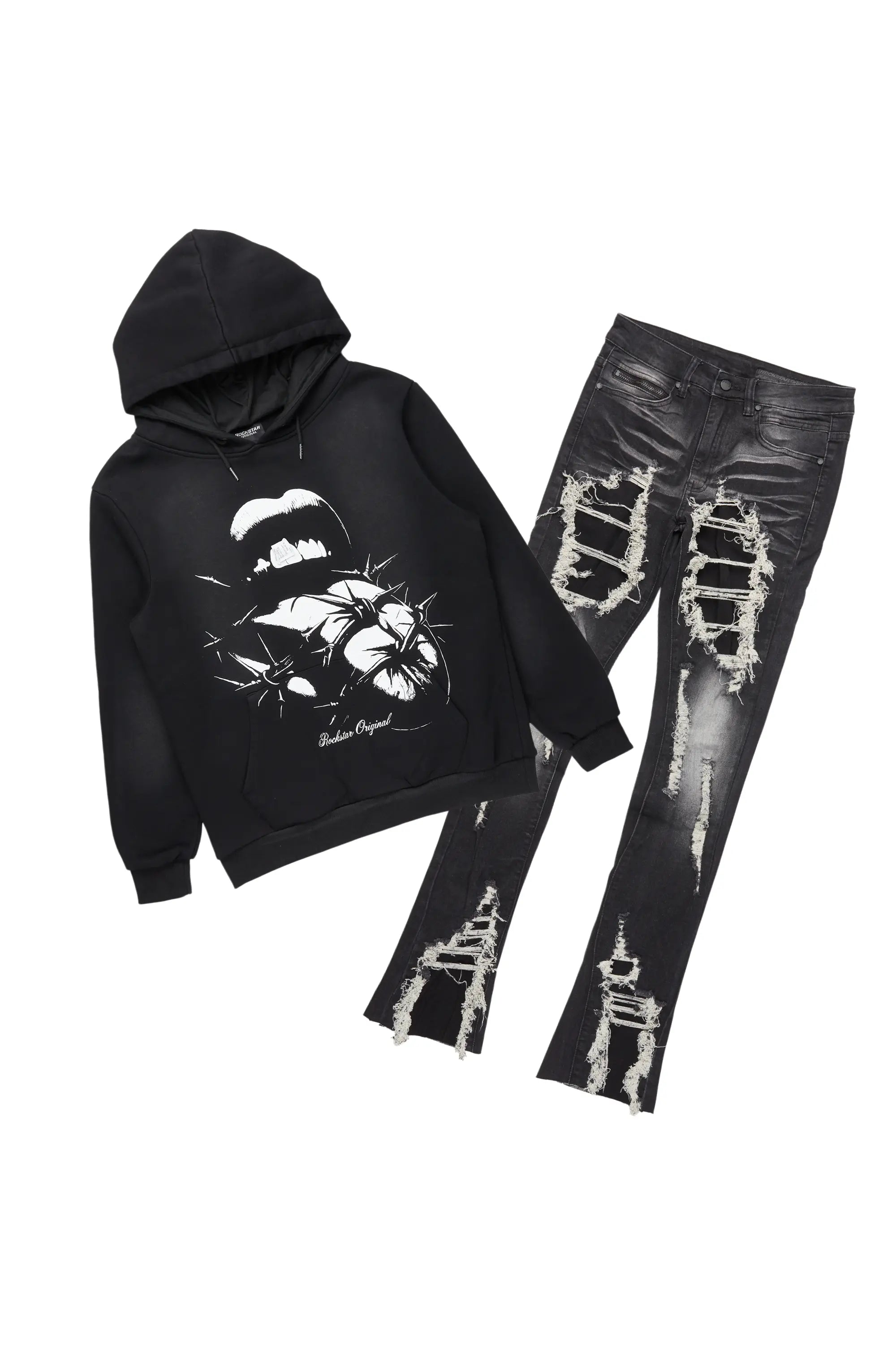 Schmear Black Hoodie & Fateh Stacked Jean Bundle Practical Men's Quick