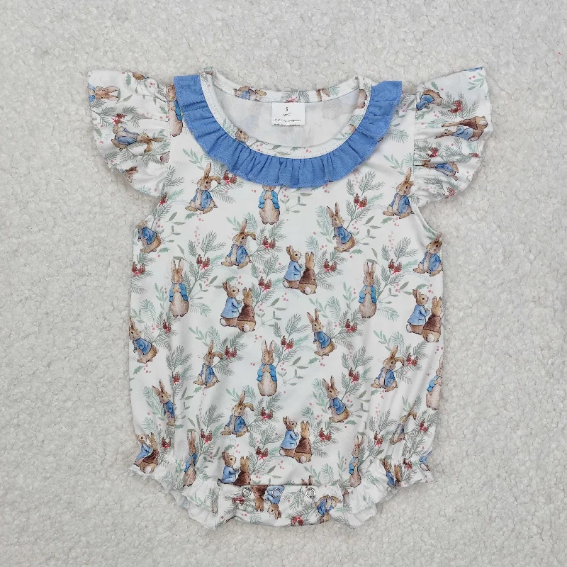 SR2287 Baby Romper Easter outfit sets White Romper Blue Ruffle Rabbits pattern Sleeveless Romper Outfits RTS 202412 Trendy Men's Scandinavian