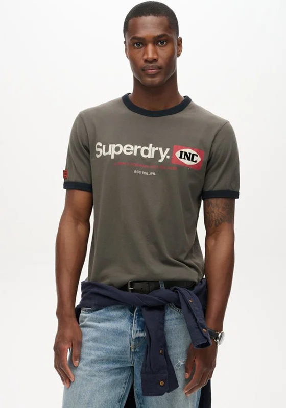 Superdry Ringer Workwear Graphic T-Shirt, Dusky Slate Grey Vacation