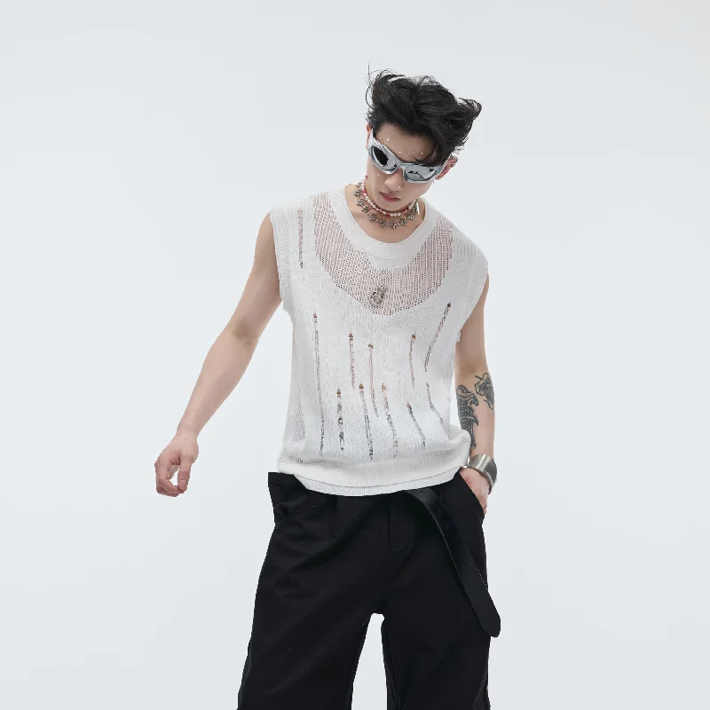 Ripped Hollow-Out Knitted Vest Dynamic Men's Moto