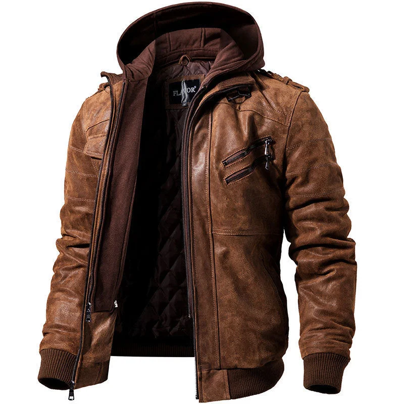 Hooded Slim-Fit Leather Jacket Elegant Men's Cashmere