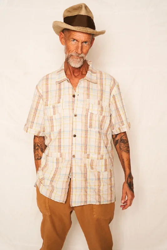 Dr. Collectors OAXACA SHIRT LINEN COTTON MADRAS 4 OZ - WASHED RECYCLED PINK ABALONE SHELL BUTTONS Cool Men's Distressed