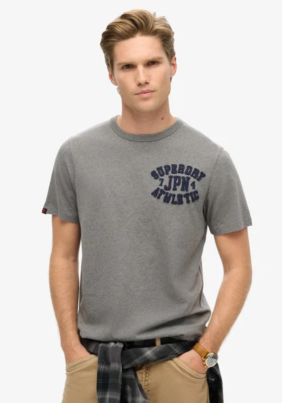 Superdry Vintage Athletic Chest Logo T-Shirt, Mid Grey Marl Tough Men's Tactical